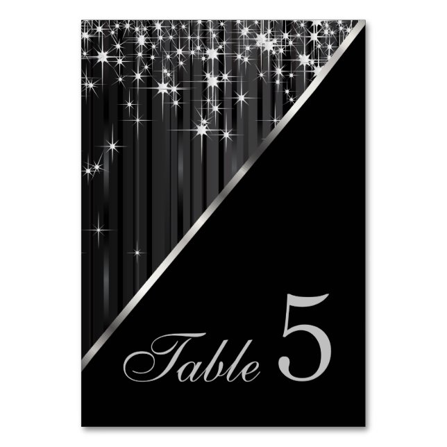 Sparkling Black and Silver Star Lights Table Number (Front)