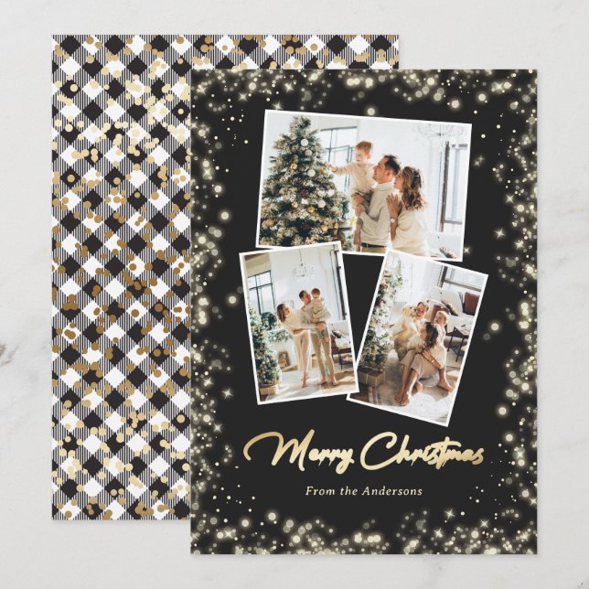 Sparkling Black and White Photo Christmas Card (Front/Back)
