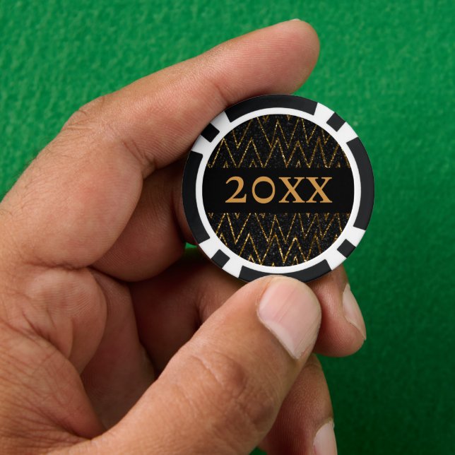 Sparkling Black & Chevron | Custom Gold New Year Poker Chips (Hand)