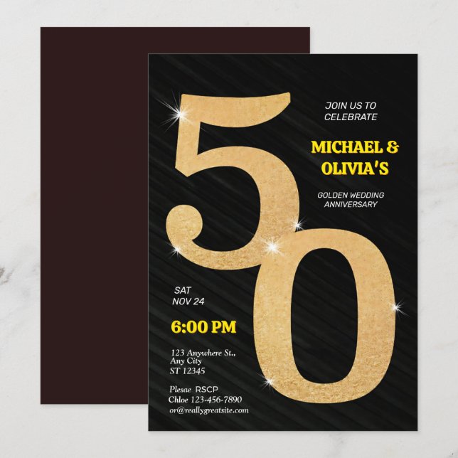  Sparkling Black & Gold 50th Golden Anniversary Invitation (Front/Back)