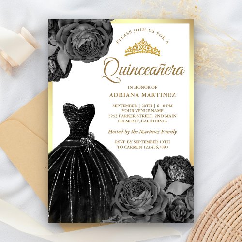 Sparkling Black Gown Grey Roses Gold Quinceanera Invitation