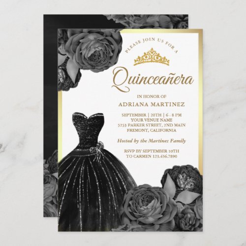 Sparkling Black Gown Grey Roses Gold Quinceanera Invitation