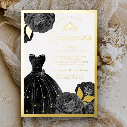 Sparkling Black Gown Grey Roses Quinceanera Gold Foil Invitation