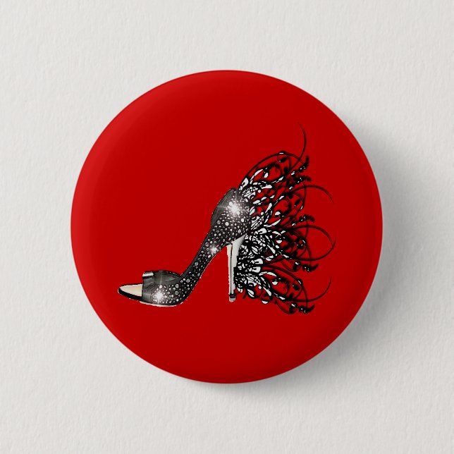 Sparkling Black Stiletto on Red Pinback Button (Front)