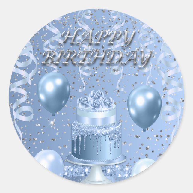 Sparkling Blue Birthday Cake  Classic Round Sticker (Front)