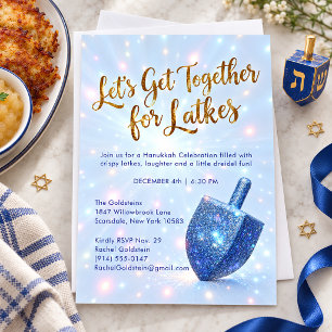 Sparkling Blue Dreidel Hanukkah Latke Party Invitation