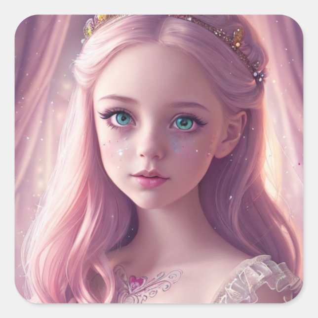 Sparkling Blue Eyed Princess Girl Square Sticker (Front)