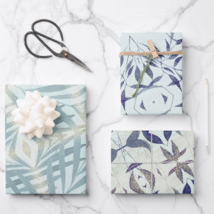 Sparkling blue foliage pattern wrapping paper sheets