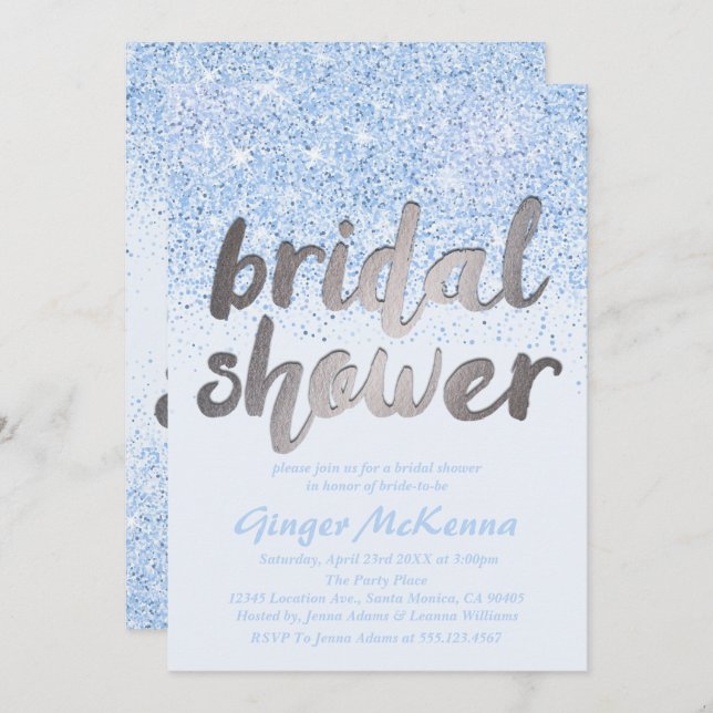 Sparkling blue Glitter Bridal Shower Invitations (Front/Back)