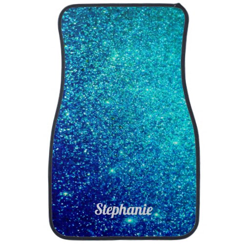 Sparkling Blue Glitter Ombre Teal Custom Name Cute Car Floor Mat