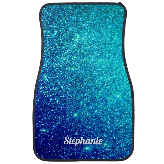 Sparkling Blue Glitter Ombre Teal Custom Name Cute Car Floor Mat (Front)