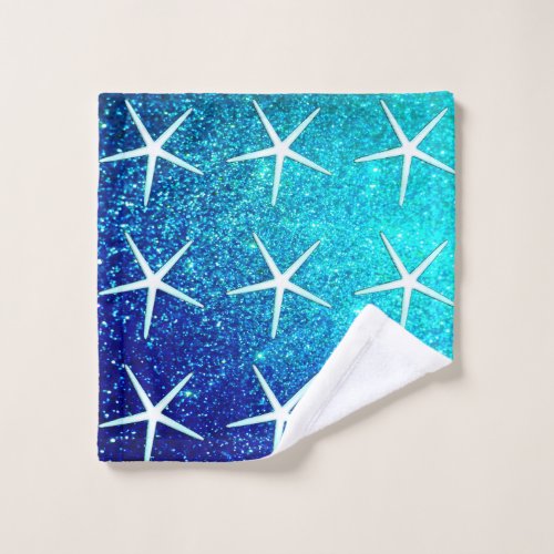 Sparkling Blue Glitter Ombre Teal Starfish Pattern Wash Cloth