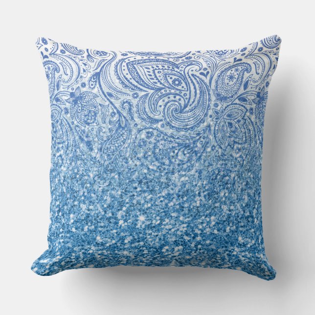 Sparkling Blue Glitter & Vintage paisley Ombre Throw Pillow (Front)