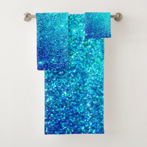 Sparkling Blue Glittery Ombre Teal Colorful Cute Bath Towel Set