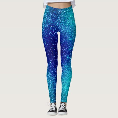 Sparkling Blue Glittery Ombre Teal Ombre Colors Leggings