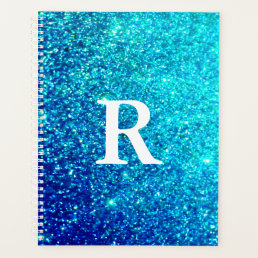 Sparkling Blue Glittery Teal Monogram Initials Planner