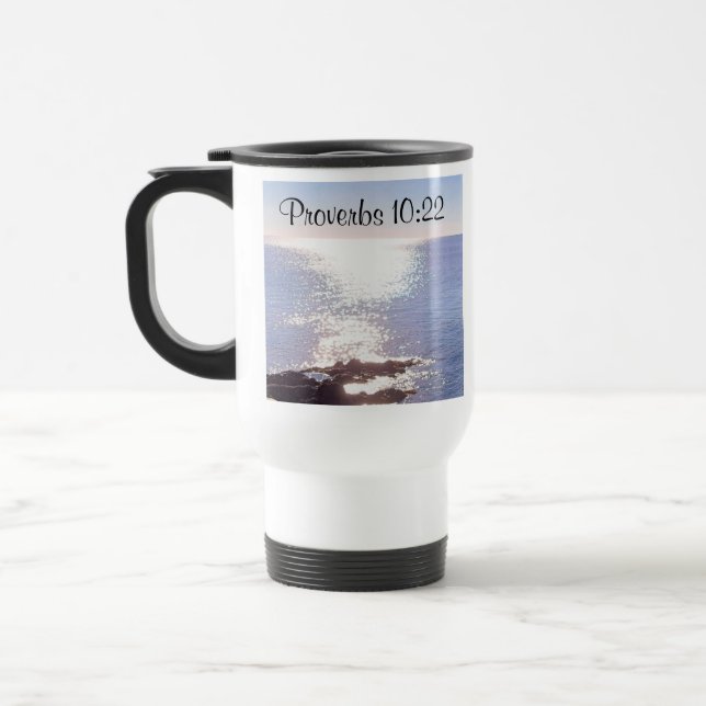 Sparkling Blue Ocean Blessings Bible Verse Travel Mug (Left)