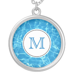 Sparkling Blue Swimming Pool Blue Water Monogram Silver Plated Necklace