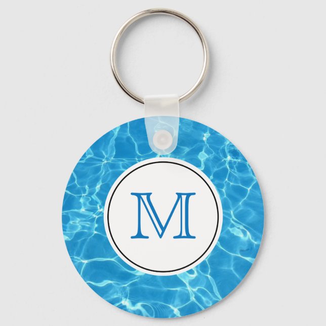 Sparkling Blue Swimming Pool Water Monogram Keychain (Front)