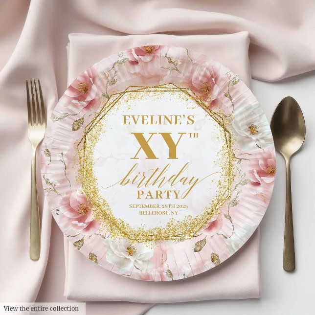 Sparkling Blush Floral Gold Birthday Paper Plates (Sparkling Blush Floral Gold Birthday Paper Plates)