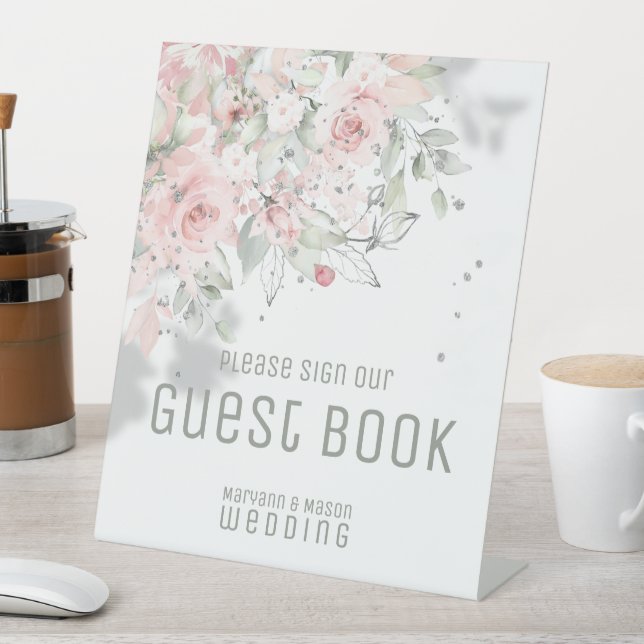 Sparkling Blush Peony Guest Book Pedestal Sign (In SItu)