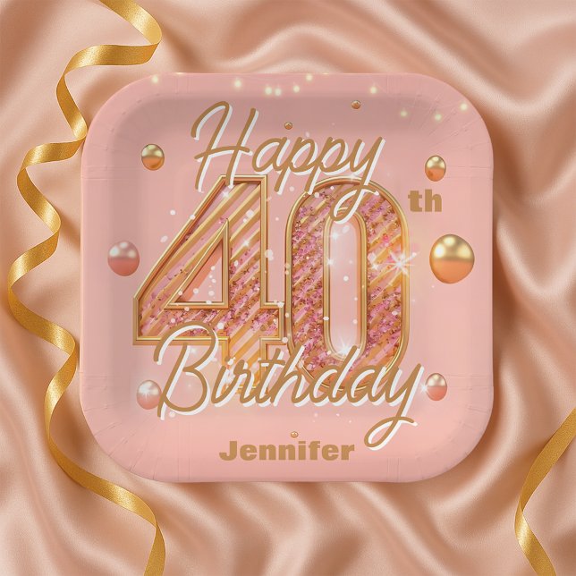Sparkling Blush Pink and Gold 40th Birthday Paper Plates (Creator Uploaded)