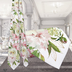 Sparkling Blush Pink & Greenery White Wedding Neck Tie