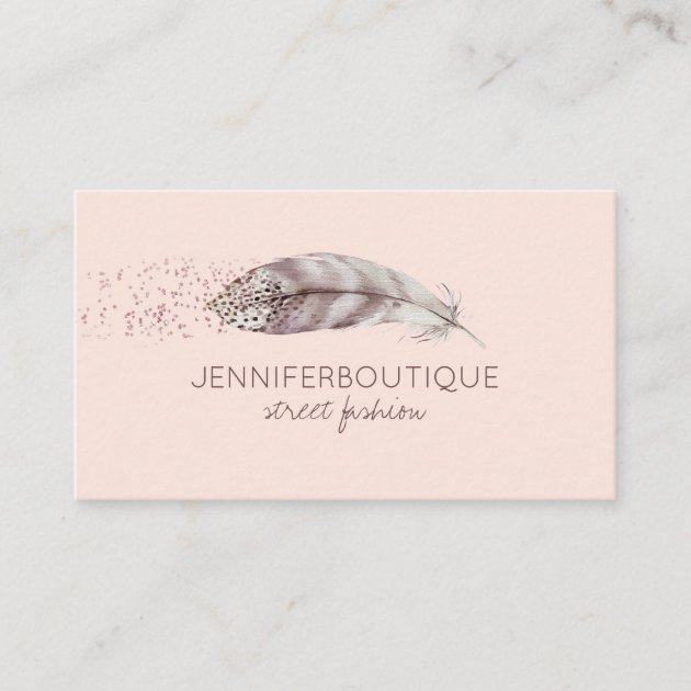 Sparkling Boho Girly blush pink Feather Business Card