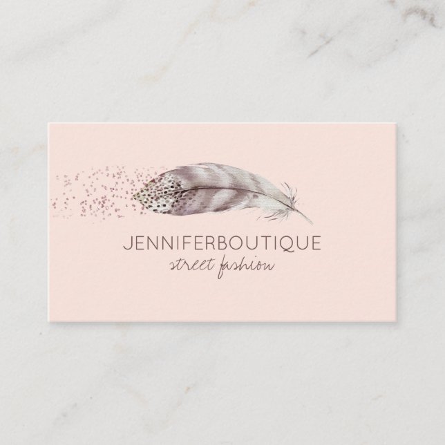 Sparkling Boho Girly blush pink Feather Business Card (Front)