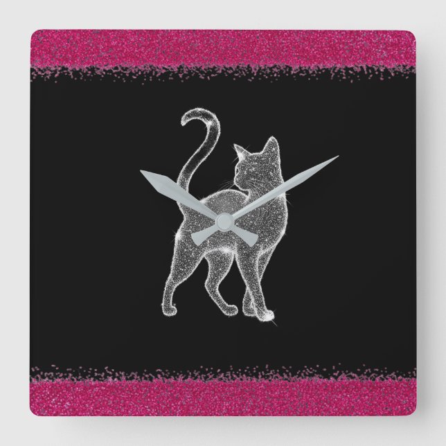 Sparkling Cat Square Wall Clock (Front)