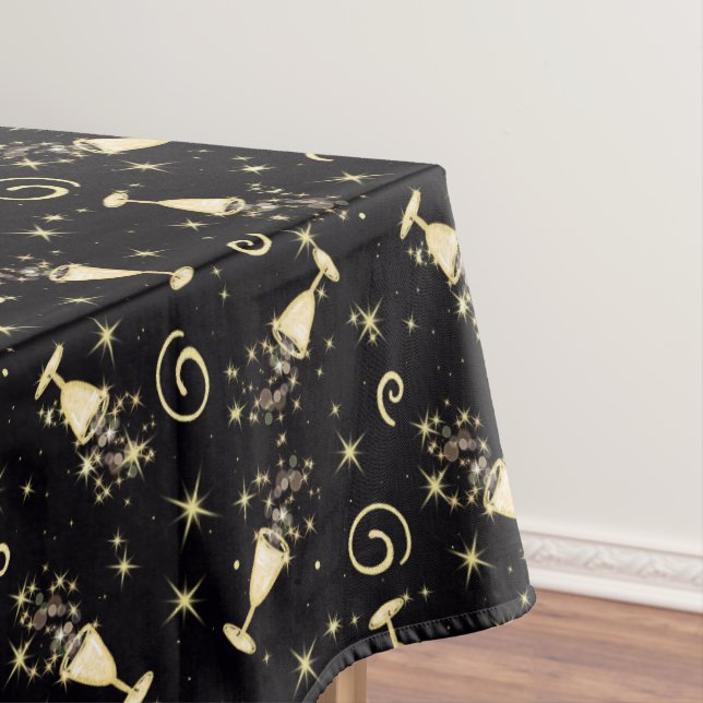 Sparkling Celebration Gold & Black Cocktails&Stars Tablecloth (In Situ)