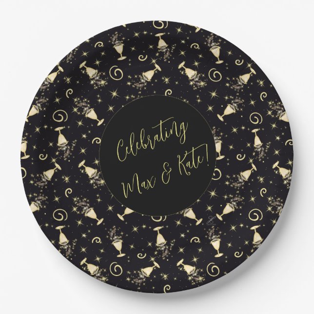 Sparkling Celebration Gold & Black Customizable  Paper Plates (Front)