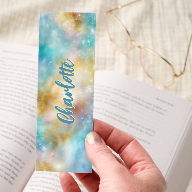 Sparkling Celestial Light Blue Gold Personalized Bookmarks (Hand)