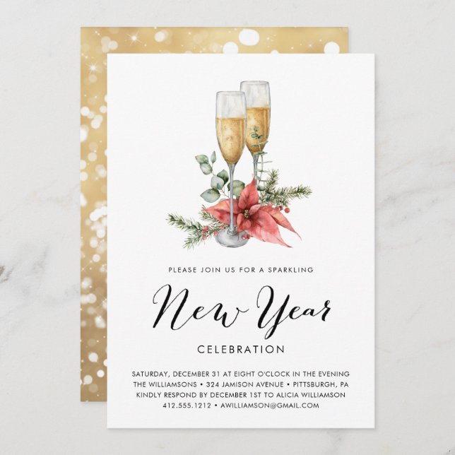 Sparkling Champagne and Greenery New Years  Party Invitation (Front/Back)