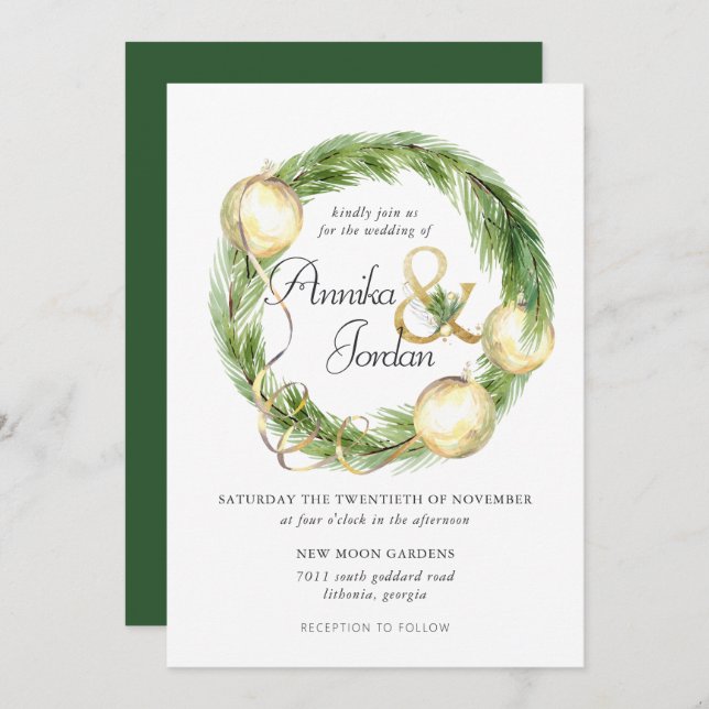 Sparkling Cheer Greenery Wreath Wedding Invitation (Front/Back)