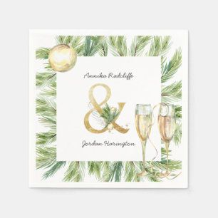 Sparkling Cheer Winter Greenery Monogram Wedding Napkins