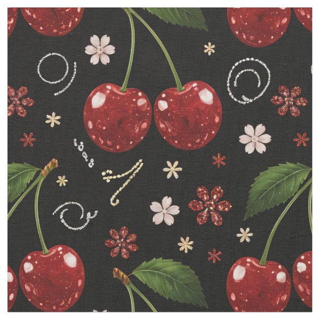 Sparkling Cherries, Black Seamless Pattern Fabric (Close Up)