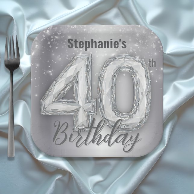 Sparkling Chic Silver G|am Gemstone 40th Birthday Paper Plates (Creator Uploaded)