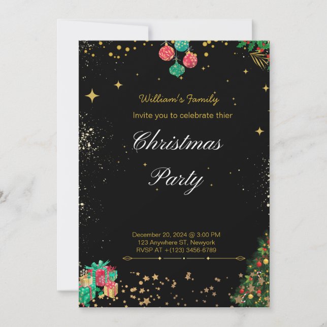Sparkling Christmas Party Black And Gold Invitation (Front)