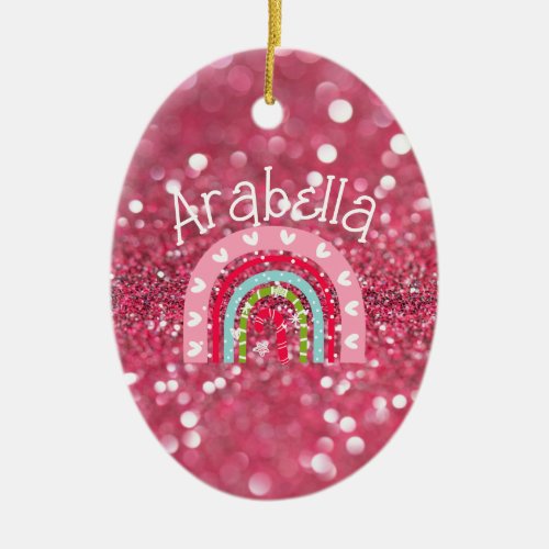 Sparkling Christmas Rainbow Girls Pink Glitter  Ceramic Ornament