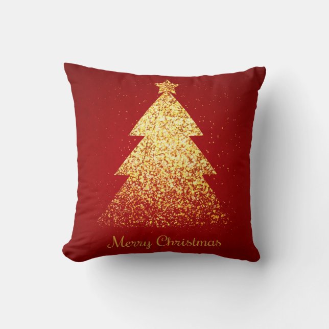 Sparkling Christmas Tree Golden Red Throw Pillow (Front)