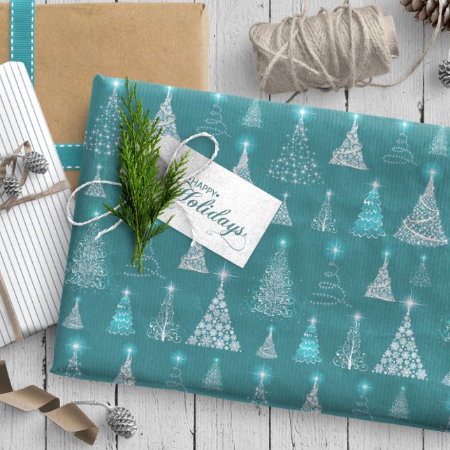 Sparkling Christmas Trees Pattern Teal ID844 Wrapping Paper (Creator Uploaded)