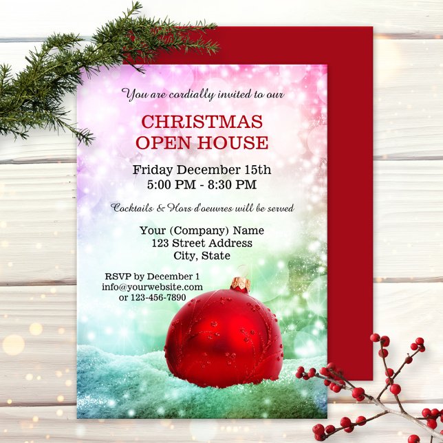 Sparkling Company Holidays Open House Invitation (Christmas company open house invitation featuring a red bauble with light sparkles in pastel colors)