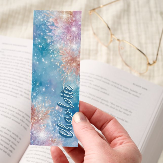 Sparkling Crystal Flowers Blue Personalized Bookmarks (Hand)
