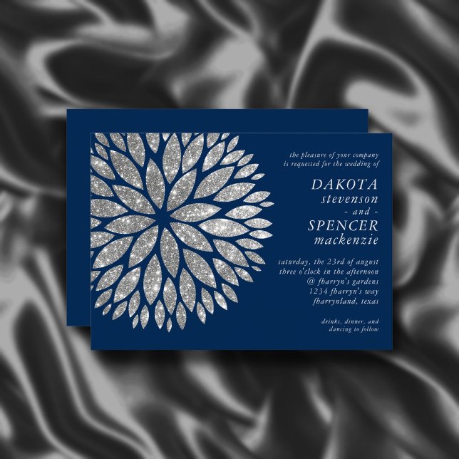 Sparkling Dahlia | Navy Blue Silver Gray Wedding Invitation (Creator Uploaded)