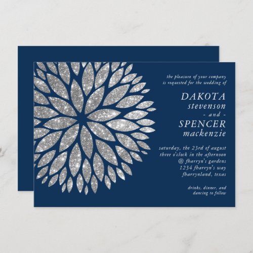 Sparkling Dahlia  Navy Blue Silver Gray Wedding Invitation