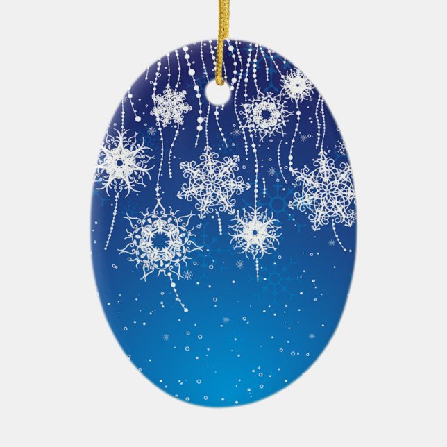 Sparkling Dangling Snowflakes on Blue Ceramic Ornament (Front)