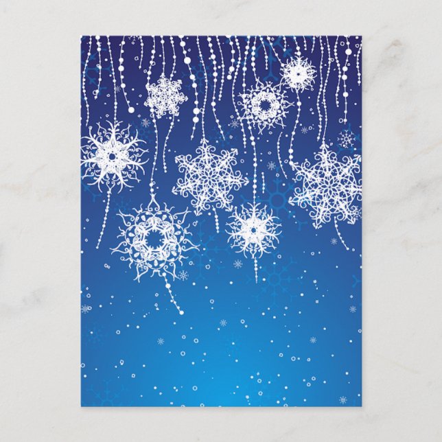 Sparkling Dangling Snowflakes on Blue Postcard (Front)