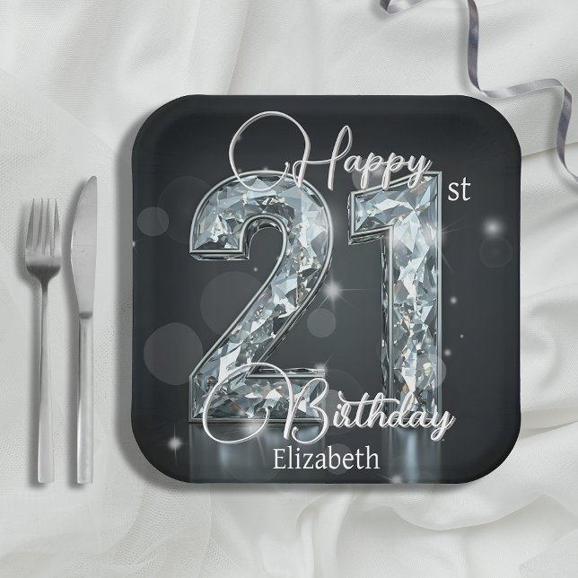 Sparkling Diamond Number on Black 21st Birthday Paper Plates (Creator Uploaded)