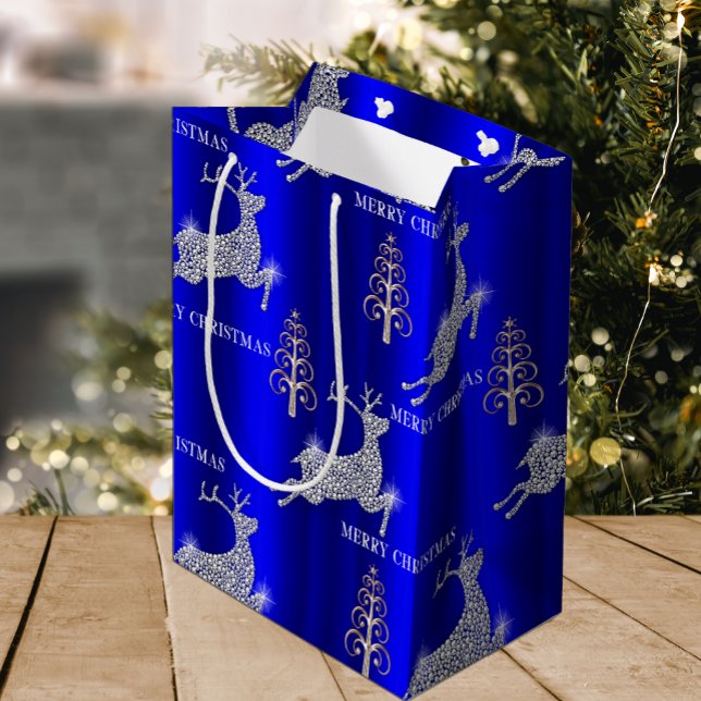 Sparkling Diamond Reindeer Silver Christmas Blue Medium Gift Bag (Creator Uploaded)